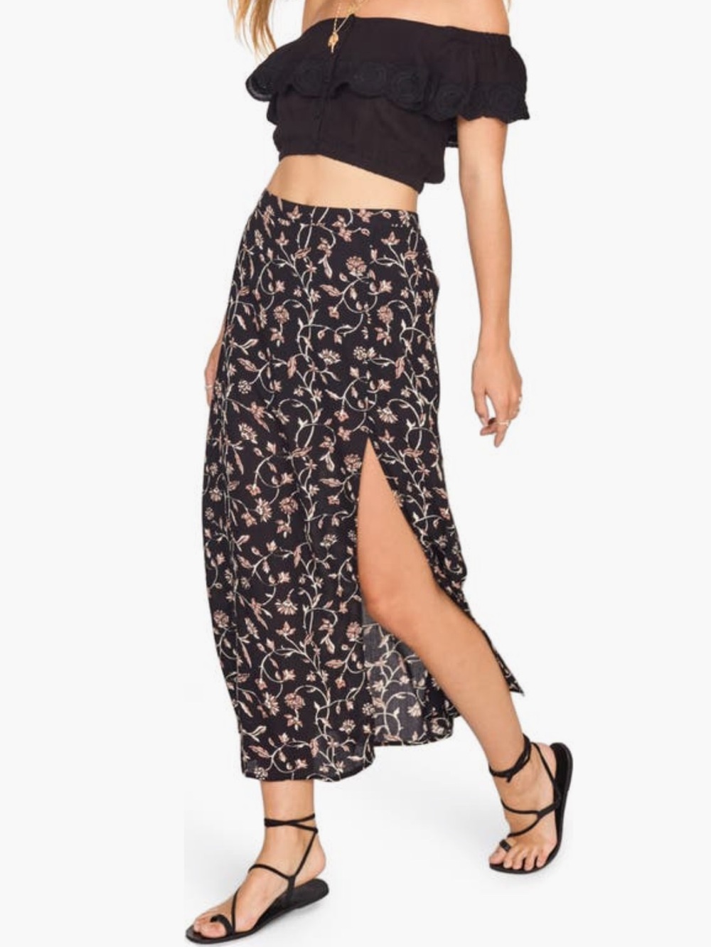 Black Floral Maxi Skirt with Vine Print